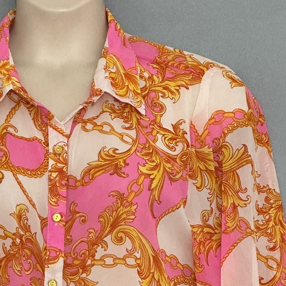 Fresh of LA Womens Top 2X Pink Gold Scroll Chain Print Sheer Feminine Retro 90s - Picture 2 of 8